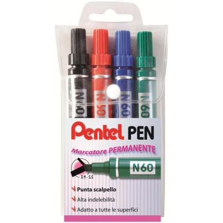 Pentel N60 evidenziatore 4 pz Punta smussata Nero, Blu, Verde, Rosso (0050504)
