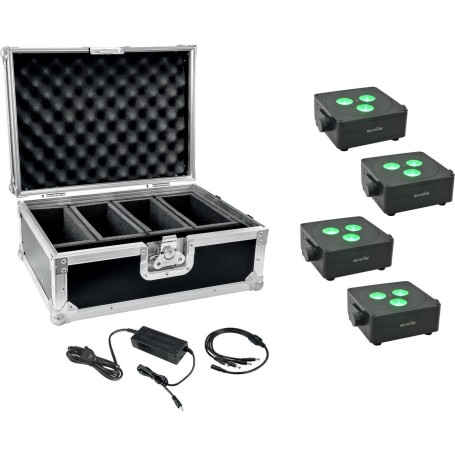 EUROLITE Set 4x AKKU IP Flat Light 3 sw + Ladenetzteil + Case (20000858)