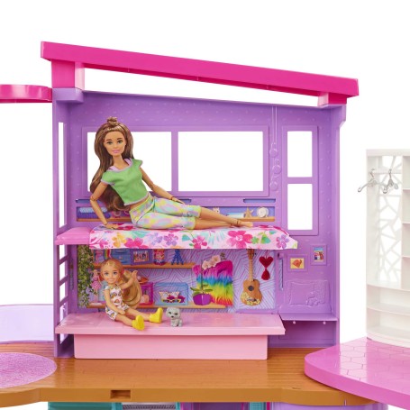 Barbie Casa di Malibu (106 cm) playset casa delle bambole con 2 piani, 6 stanze, ascensore altalena e più di 30 pezzi,  (HCD50)
