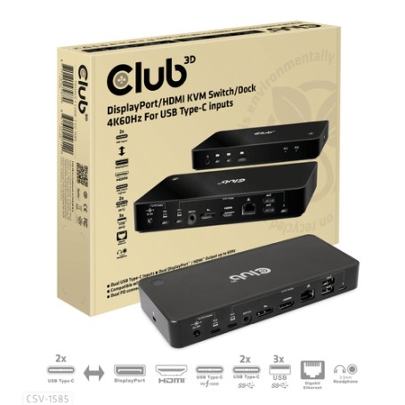 CLUB3D DisplayPort/HDMI KVM Switch/Dock 4K60Hz For USB Type-C inputs (CSV-1585)