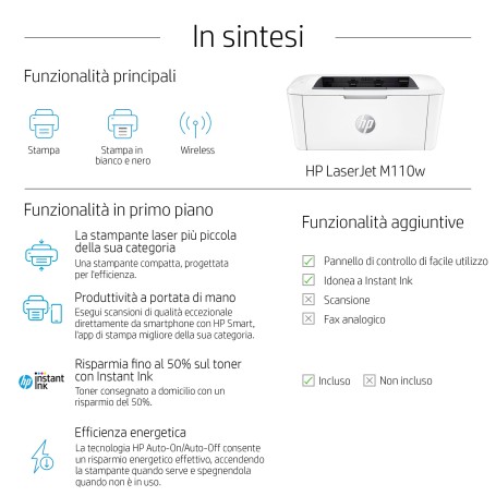 HP LaserJet M110w Wireless Bianco e nero Stampante (7MD66F)
