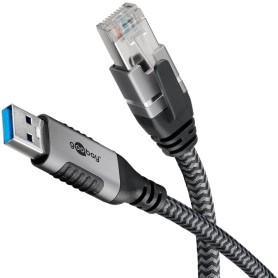 Ethernet-Kabel USB-A 3.2 Gen1 Stecker  RJ-45 Stecker (schwarz/silber, 10 Meter, geflochtener Textilmantel) (70694)