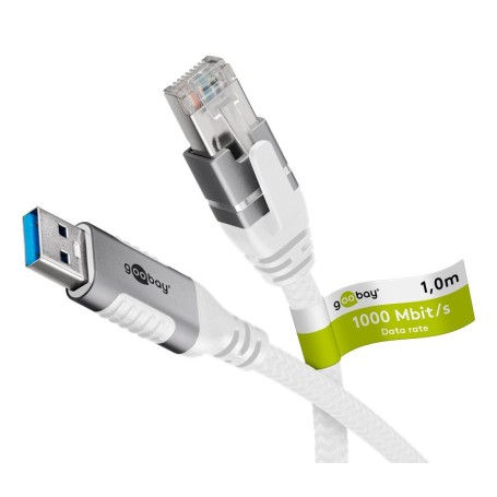 Ethernet-Kabel USB-A 3.2 Gen1 Stecker  RJ-45 Stecker (wei, 10 Meter, geflochtener Textilmantel) (74163)