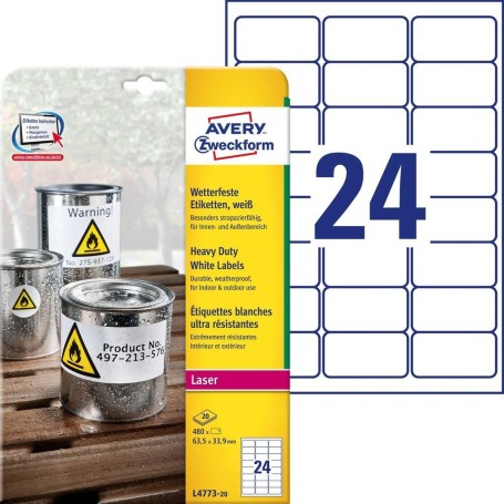 Avery L4773-20 etichetta autoadesiva Rettangolo con angoli arrotondati Permanente Bianco 480 pz (L4773-20)