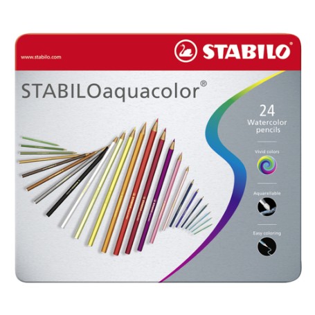 STABILO Matita colorata acquarellabile - STABILOaquacolor - Scatola in Metallo da 24 - Colori assortiti (1624-5)