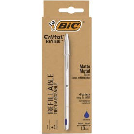 BIC Cristal Re'New, Penna Ricaricabile Blu a Sfera, Fusto in Metallo (Punta 1mm), Confezione 1 Penna + 2 Ricariche (997202)