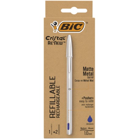 BIC Cristal Re'New, Penna Ricaricabile Blu a Sfera, Fusto in Metallo (Punta 1mm), Confezione 1 Penna + 2 Ricariche (997202)