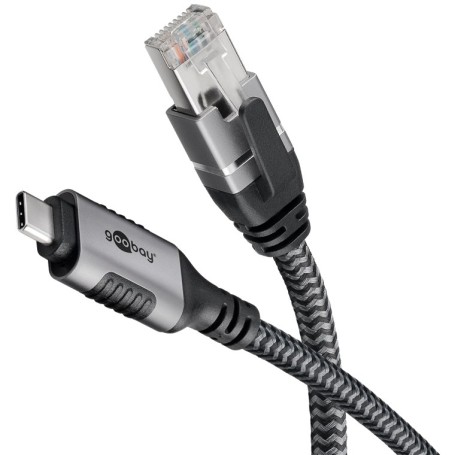 Ethernet-Kabel USB-C 3.2 Gen2 Stecker  RJ-45 Stecker (schwarz/silber, 2 Meter, geflochtener Textilmantel) (70698)