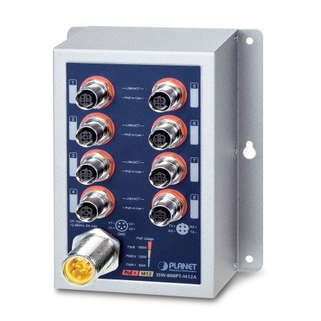 PLANET IP50 Ind 8-P 10/100TX M12 Non gestito Supporto Power over Ethernet (PoE) Blu, Grigio (ISW-808PT-M12A)