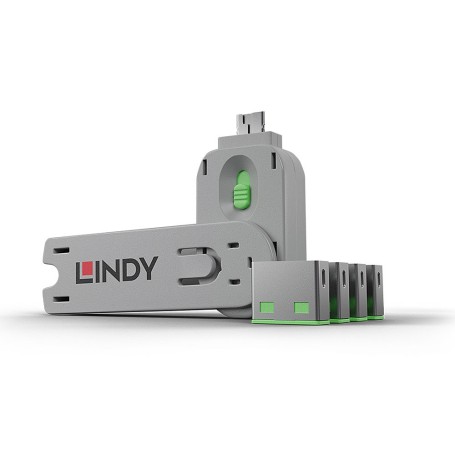 Lindy 40451 clip sicura Bloccaporte + chiave USB tipo A Verde Acrilonitrile butadiene stirene (ABS) 5 pz (40451-LND)