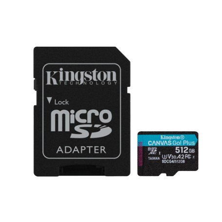 Kingston Technology Scheda microSDXC Canvas Go Plus Gen4 200MB/s A2 U3 V30 da 512 GB + adattatore (SDCG4/512GB)