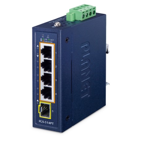 PLANET IP30 Compact size 4-Port IGS-514PT Non gestito Gigabit Ethernet (10/100/1000) Supporto Power over Ethernet (PoE) Blu
