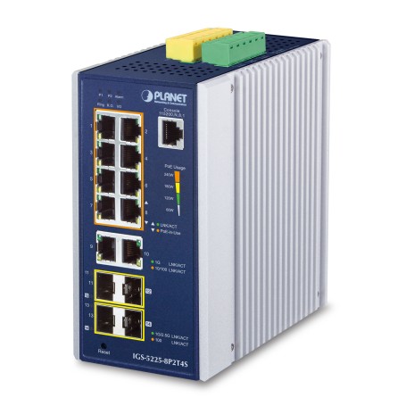 PLANET IP30 Industrial L2+/L4 8-Port Gestito L2+ Gigabit Ethernet (10/100/1000) Alluminio, Blu (IGS-5225-8P2T4S)
