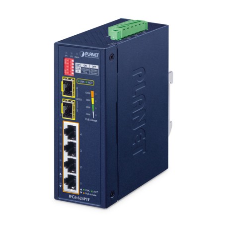 PLANET Netzwerkgeräte Non gestito Fast Ethernet (10/100) Supporto Power over Ethernet (PoE) Blu (IFGS-624PTF)