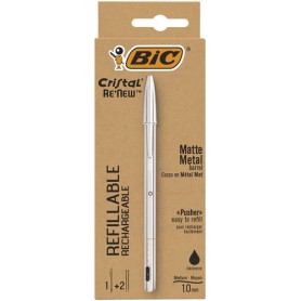 BIC Cristal Re'New, Penna Ricaricabile Nera a Sfera, Fusto in Metallo (Punta 1mm), Confezione 1 Penna + 2 Ricariche (997201)