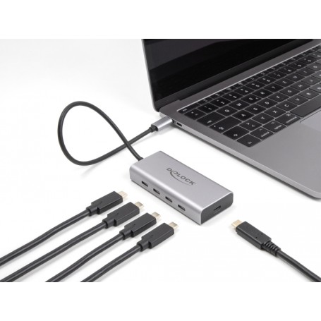 DeLock USB 10 Gbps USB Type-C Hub mit 4 x USB Type-C + 1 x USB Type-C PD 85 Watt (grau) (64235)