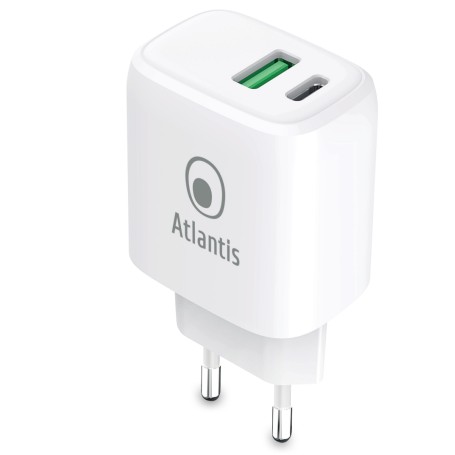 ALIMENTATORE ATLANTIS UNIVERSALE per SMARTPHONE E TABLET P008-PD20GN-2U AC 20W output 1xUSB 1xUSB-C PD TECNOLOGIA GAN