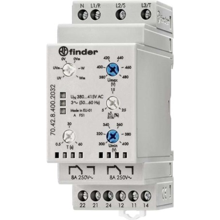 Finder Netzüberwachungsrelais 70.42.8.400.2032 70.42.8.400.2032 3-Phasen-Netzüberwachung (380 - 415 V/AC), N-Leiter-Über (70.