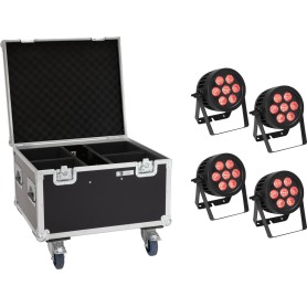 EUROLITE Set 4x LED IP PAR 7x8W QCL Spot + Case mit Rollen (20000877)