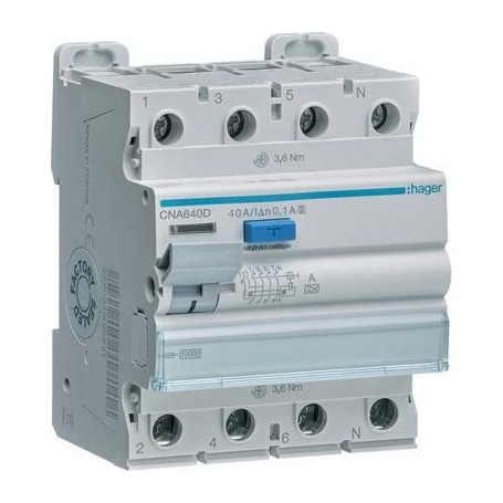 Hager CNA640D Fehlerstromschutzschalter 4p 10kA 40A 100mA S - Fehlerstromschutzschalter 4 polig 10kA 40A 100mA Typ S selektiv. F