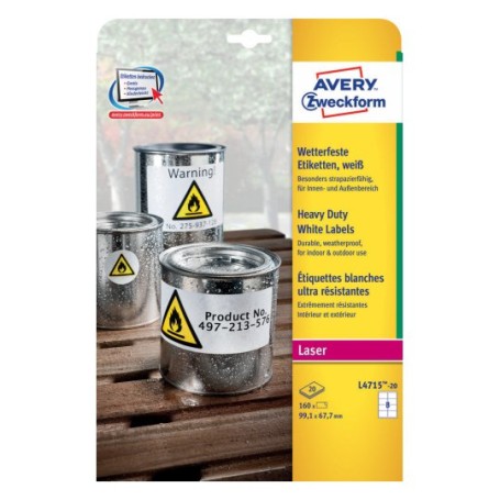 Avery L4715-20 etichetta autoadesiva Rettangolo con angoli arrotondati Permanente Bianco 160 pz (L4715-20)