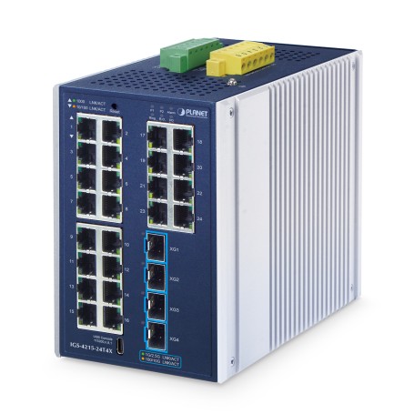 PLANET Industrial L2+ 24-Port Managed Switch IGS-4215-24T4X Gestito L2+ Gigabit Ethernet (10/100/1000) Alluminio, Blu