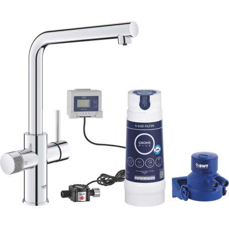 Kit di avviamento GROHE Blue Pure Minta, beccuccio a L, testina filtrante, flussometro, filtro taglia S, cromato (30589000)