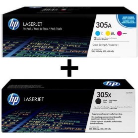 HP Original 305A/ 305X Toner 4er Set schwarz hohe Kapazität,cyan, magenta, gelb (Tri-Pack CF370AM, CE410X) (OPCF370AM/CE410X)
