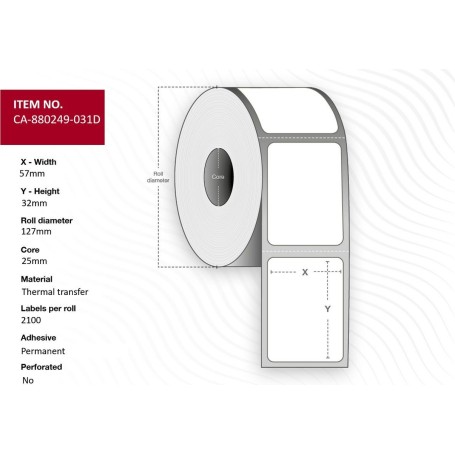 Capture Label 57 x 32mm, Core 25mm, Permanent, No perforation, 2100 labels per roll, 12 rolls per box. (CA-880249-031D)