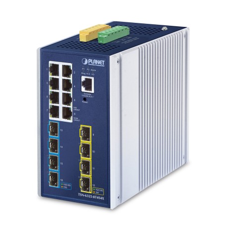 PLANET IP30 DIN-rail Industrial L3 Gestito Gigabit Ethernet (10/100/1000) Alluminio, Blu (TSN-6325-8T4S4X)