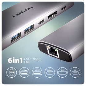 Axagon HMC-6G2L replicatore di porte e docking station per laptop Cablato USB 3.2 Gen 2 (3.1 Gen 2) Type-C Alluminio