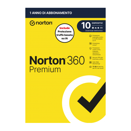 NORTON 360 PREMIUM 2026 - ANTITRUFFA-10 DISPOSITIVI 12 MESI 75GB - IT BOX (21483661)