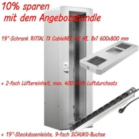 RITTAL 19"-Netzwerkschrank TX CableNet - Angebots-Bundle - 42 HE - 600x800 mm - Sichttür - Vollblechtür + 2-fach Lüftereinhei (ZAA297888628LUEPDU)
