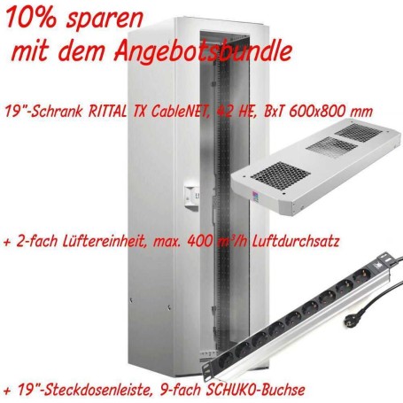 RITTAL 19"-Netzwerkschrank TX CableNet - Angebots-Bundle - 42 HE - 600x800 mm - Sichttür - Vollblechtür + 2-fach Lüftereinhei (ZAA297888628LUEPDU)
