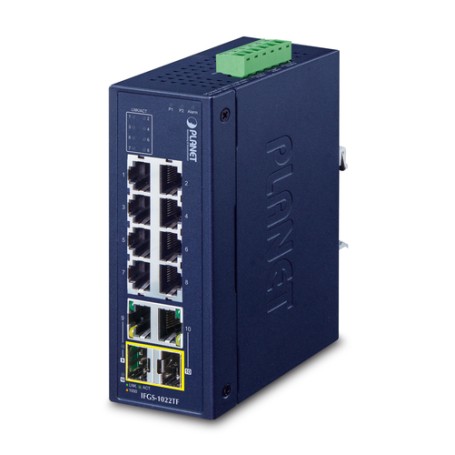 PLANET Industrial 8-Port 10/100TX + Non gestito Fast Ethernet (10/100) Blu (IFGS-1022TF)