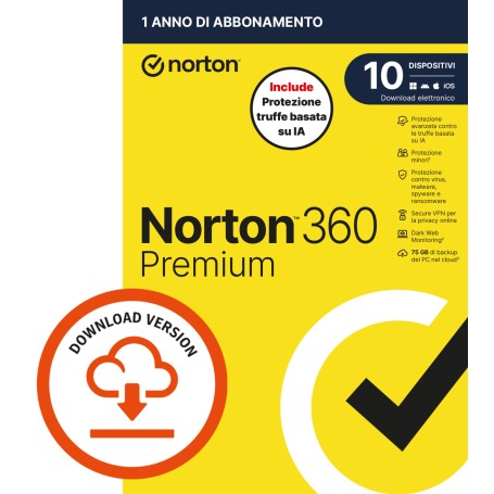 NORTON 360 PREMIUM 2026 - ANTITRUFFA-10 DISPOSITIVI 12 MESI 75GB - IT ESD (21483817)