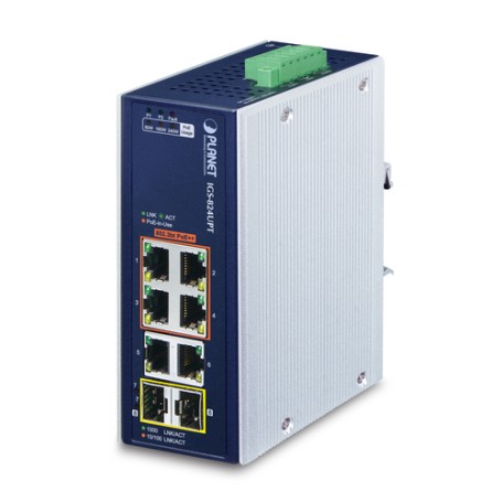 PLANET IP30 Industrial 4-Port Non gestito Gigabit Ethernet (10/100/1000) Supporto Power over Ethernet (PoE) Blu, Bi (IGS-824UPT)