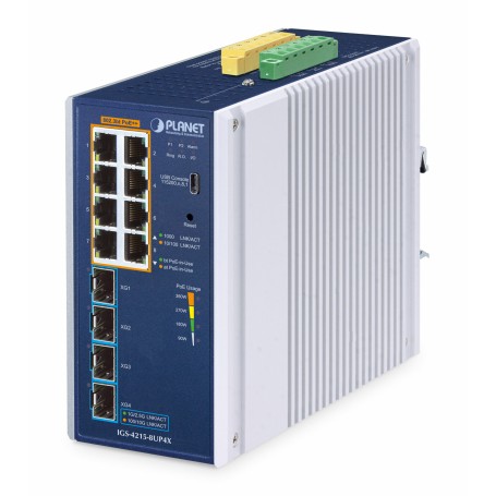 PLANET IP30 Industrial L2/L4 8-Port Gestito L2/L4 Gigabit Ethernet (10/100/1000) Alluminio, Blu (IGS-4215-8UP4X)