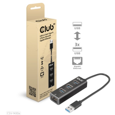 CLUB3D USB 3.2 Gen1 Type-A, 3 Ports Hub with Gigabit Ethernet (CSV-1430A)
