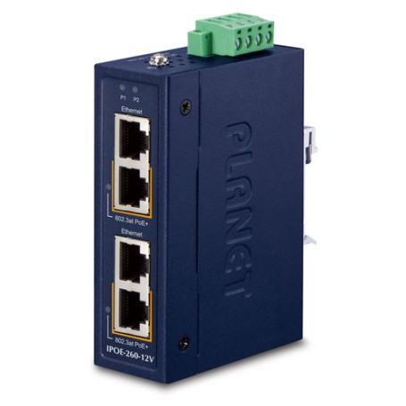 PLANET Industrial 2-port 10/100/1000T Gigabit Ethernet (10/100/1000) Supporto Power over Ethernet (PoE) Blu (IPOE-260-12V)