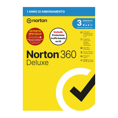 NORTON 360 DELUXE 2026 -ANTITRUFFA- ATTACH - 3 DISPOSITIVI 12 MESI 25GB - IT BOX (21483646)