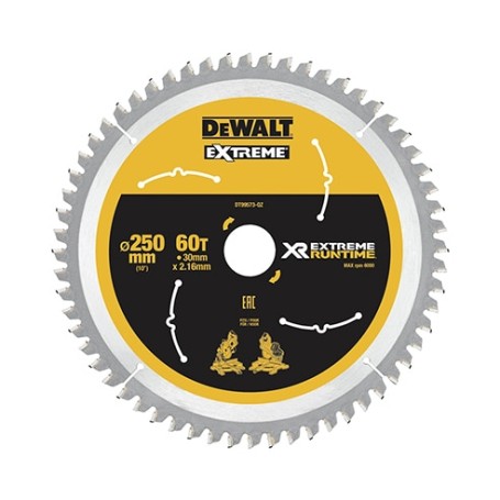 Kreissgeblatt XR EXTREME RUNTIME DT99573,  250mm, 60Z (Bohrung 30mm, fr Akku-Paneelsgen) (DT99573-QZ)
