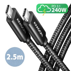 Axagon BUCM2-CM25AB Ladekabel USB-C zu USB-C 2.0, 2,5 m, PD 240 W 5 A, ALU - Schwarz - 2,5 Meter langes USB-C zu USB-C Kabel cav