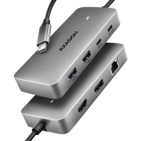 Axagon HUB USB HMC-CUB83X2, USB 10Gbps hub, 2x USB-A, USB-C, HDMI & DP 4k/144Hz, RJ-45 GLAN, PD 100W, kabel USB-C 15cm Cablato U