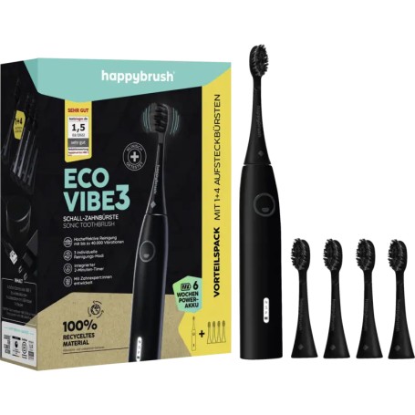 Happy Brush ECO VIBE 3 Starterkit All Black + 4 Refills, Elektrische Zahnbrste (schwarz) (HBV3AB4RW)