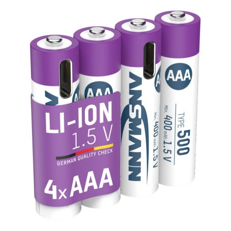 Li-Ion Akku Micro AAA Typ 500 (min. 400 mAh), 4er-Pack (wei/violett, 4x AAA (Micro), USB-C Ladeport) (1311-0028)