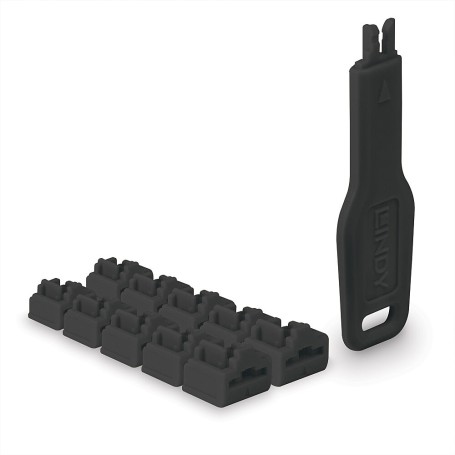 Lindy 47891 clip sicura Bloccaporte + chiave RJ-45 Nero Acrilonitrile butadiene stirene (ABS) 10 pz