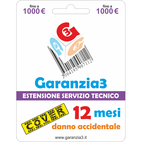 GARANZIA 3 Cover 1000 - Danno Accidentale TV Fotografia Telefonia fino a 1000,00 Euro (G3CPD1000)